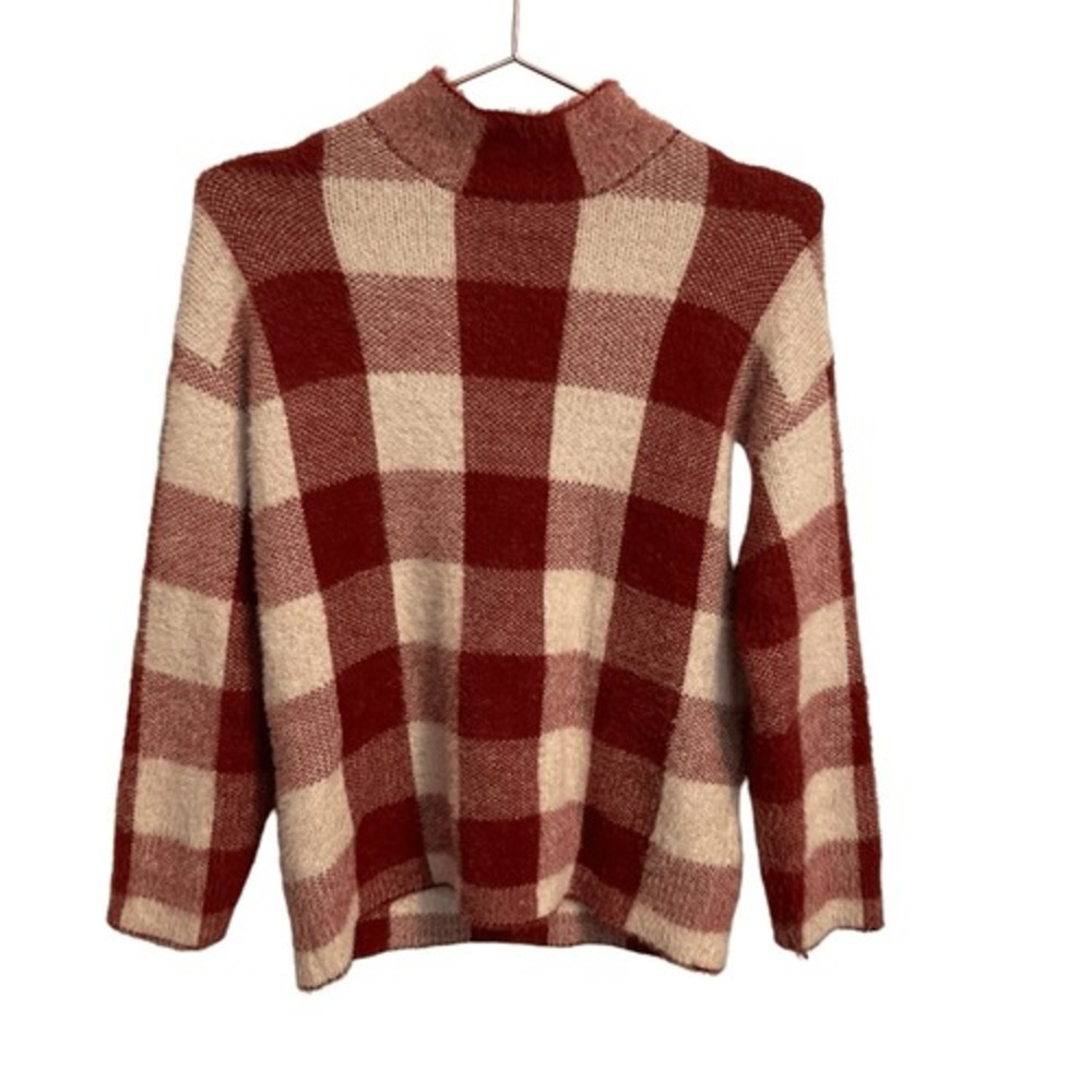 Zara Kids Red Cream Buffalo Plaid Mock Neck Fuzzy Sweater Size 11-12